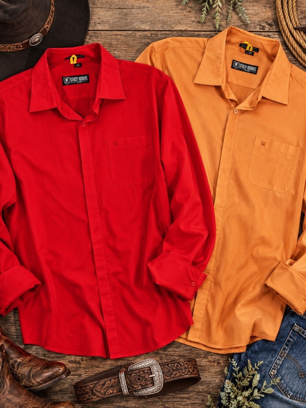 Stacy Adams Lot Of W French Cuff Western Red And Orange Shirts. Mens 19 Collar